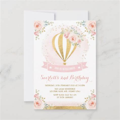 Girly Hot Air Balloon Pink Gold Floral Birthday Invitation Zazzle
