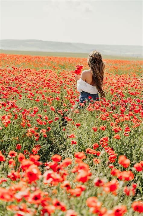 Woman Poppies Field Back View Of A Happy Woman With Long Hair In A