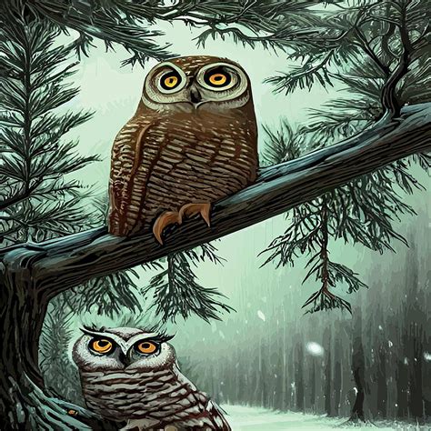 Scandinavian Christmas With Wise Owl In Snow Colouring Hat Branches