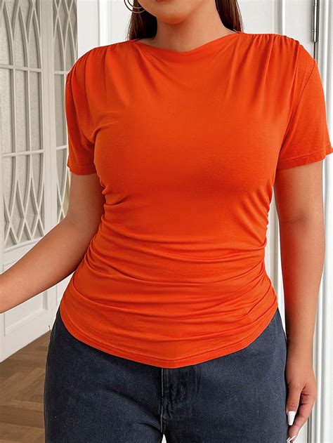 Orange Casual Collar Short Sleeve Knitted Fabric Plain Embellished Medium Stretch Women Plus