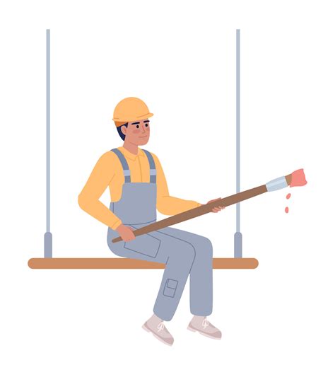 Construction Worker With Paint Brush Semi Flat Color Vector Character