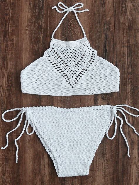 Shop Halterneck Tie Side Crochet Bikini Set Online SheIn Offers