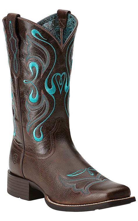 Ariat Womens Whimsy Fiddle Brown With Turquoise Embroidery Square Toe Western Boots Western