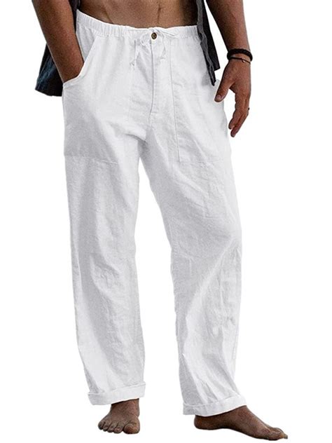 Mens Linen Pants Trousers Summer Pants Drawstring Elastic Waist