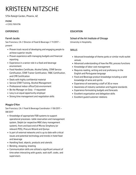 Food And Beverage Resume Samples Velvet Jobs