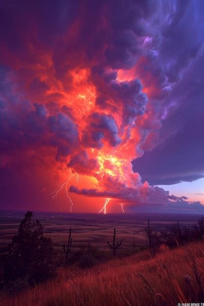 Enormes Nuvens De Tempestade Laranja Roxa Rel Mpagos Sobre Uma