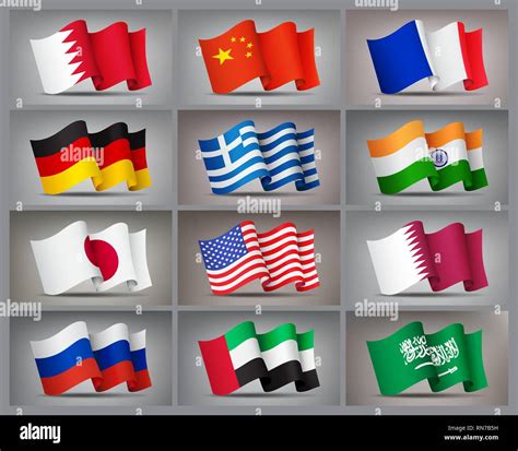 Set Of Waving Flags Icons Isolated Official Symbols Of Countrys Vector Illustration Stock