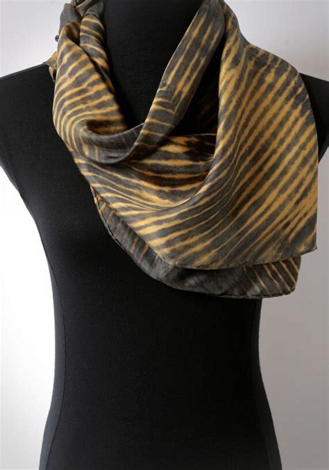 Gold Silk Scarf Square Head Scarf Hand Dyed Shibori Sripes In