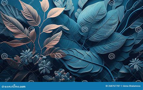 Delicate Pastel Blue Leaves Of Jungle Plants Floral Tropical Pattern