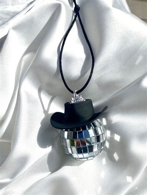 Black Cowboy Hat Disco Ball Car Hanging Rear View Mirror Accessory L