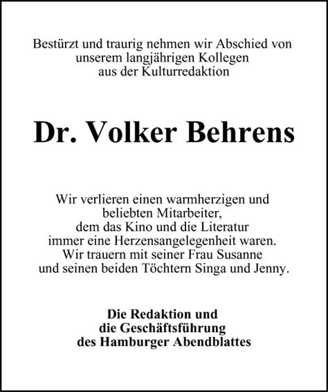 Traueranzeigen Von Volker Behrens Hamburgertrauer De