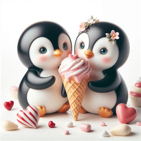 Un Par De Pingüinos Adorados Con Helados Y Caramelos Con Forma De