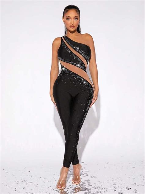 SHEIN SXY One Shoulder Sheer Mesh Insert Rhinestone Unitard Jumpsuit