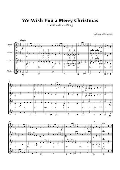 We Wish You A Merry Christmas For Violin Quartet With Chords Arr Rika K Sheet Music