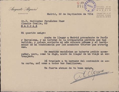 Carta De Augusto Alguer A Guillermo Fern Ndez Shaw D Ndole Un P Same