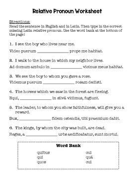 Latin Worksheets Relative Pronoun Distance Learning Editable