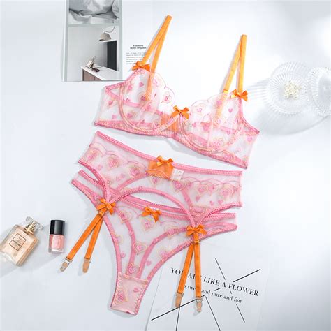 Hot Selling Woman Lace Love Sexy Lingerie Three Pieces Set Women Sexy Embroidered Gauze