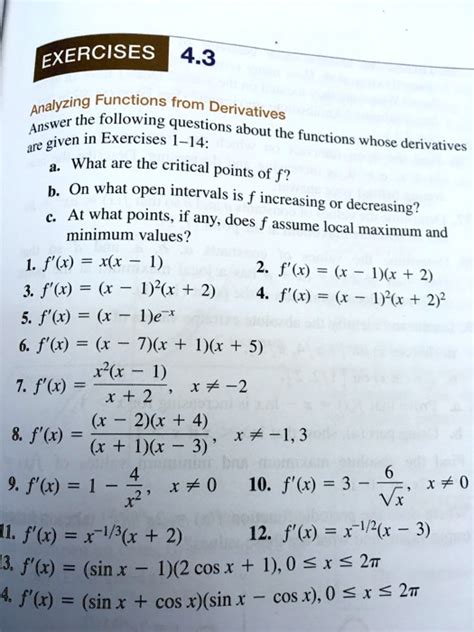 Solved Exercises 43 Analyzing Functions From Derivatives Answer The Following Questions About