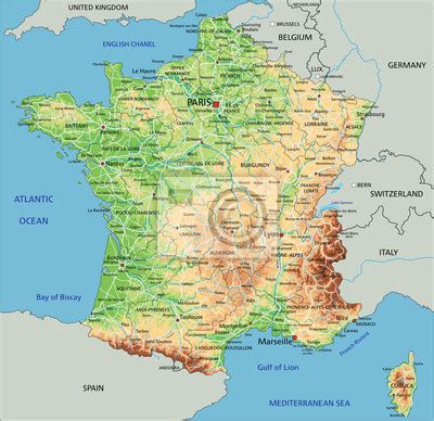 Alta dettagliata mappa fisica francia con letichettatura. carta da