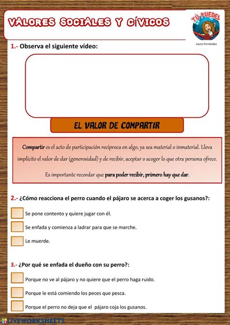 Ejercicio de Valores Compartir Verbos y adjetivos Sinónimos y