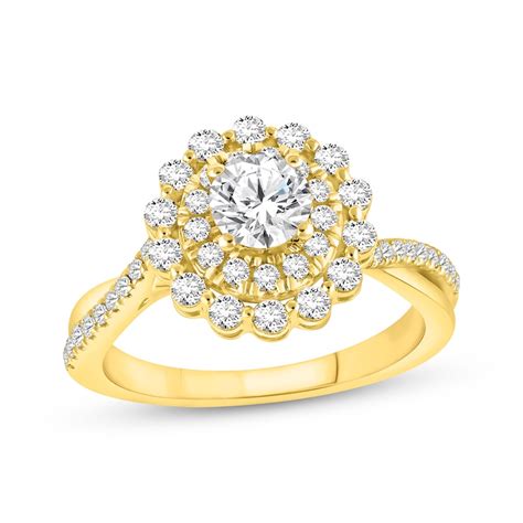 Round Cut Diamond Starburst Halo Engagement Ring 1 1 4 Ct Tw 14k Yellow Gold Kay