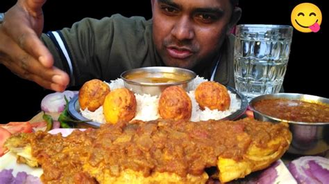 Eating Very Delicious Whole Fish Curry Egg Masala Curry And Rice