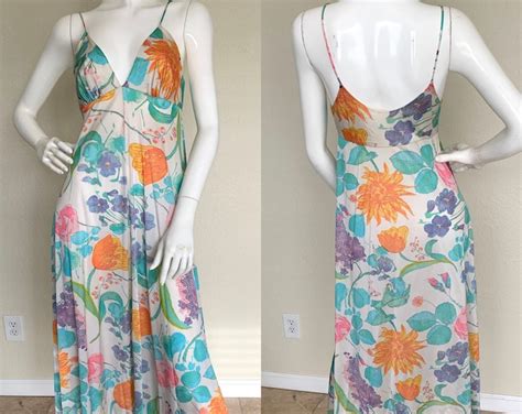 S Lingerie Vintage S Vanity Fair Nylon Floral Night Gown Bright Colors Turquoise Orange