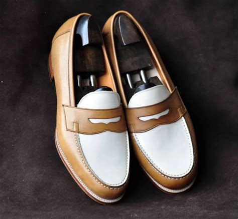 Handmade Men S Brown White Leather Penny Loafers Men Designer Dress L