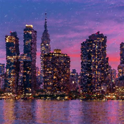 New York City Sunset Pointillism Style Painting Bob Smerecki Art