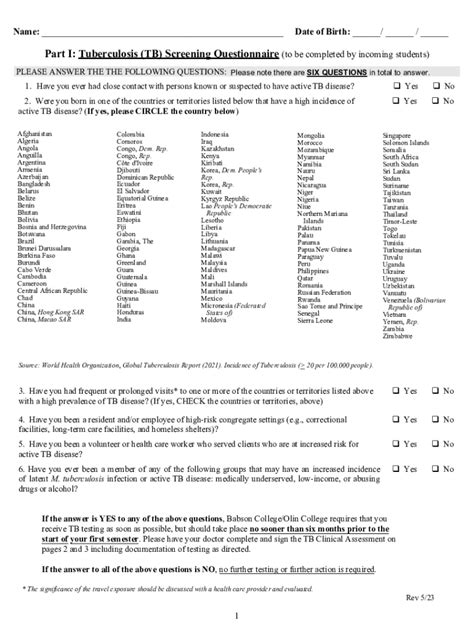 Fillable Online Part I Tuberculosis Tb Screening Questionnaire To Be Fax Email Print