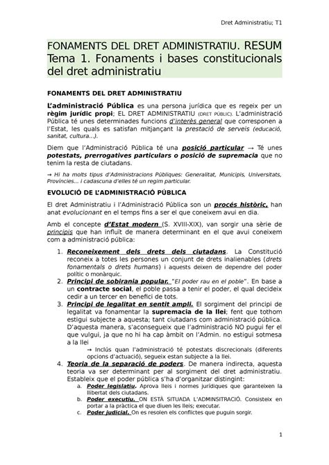 Resum T1 FONAMENTS DEL DRET ADMINISTRATIU RESUM Tema 1 Fonaments I