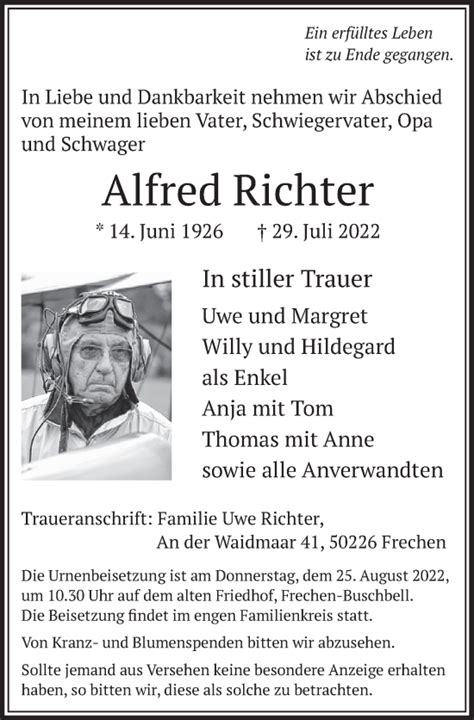 Traueranzeigen Von Alfred Richter Wirtrauern