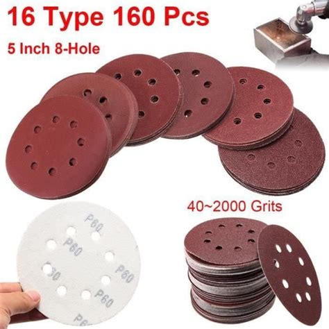 160Pcs Papier de Verre Ponçage Polissage Disque 125mm 8 Trou Grit 40