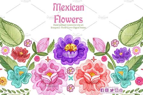 Colorful Mexican Flowers Watercolor Clip Art