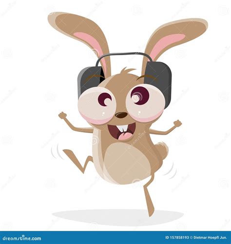 Funny Cartoon Illustration Of A Crazy Rabbit With Headphones Stock