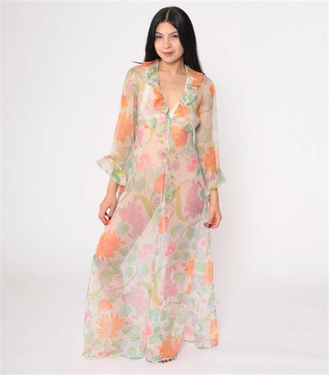 S Sheer Floral Robe Ruffle Lingerie Maxi Robe Split Front Vanity Fair Long Sleeve Peignoir