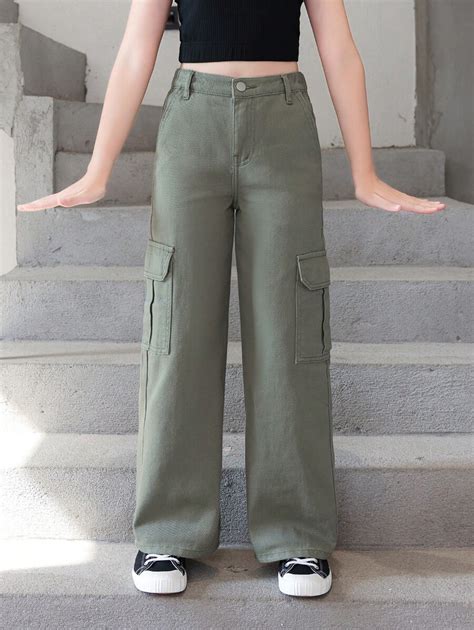 Chica Preadolescente Pantalones Cargo Con Bolsillo Lateral Con Solapa