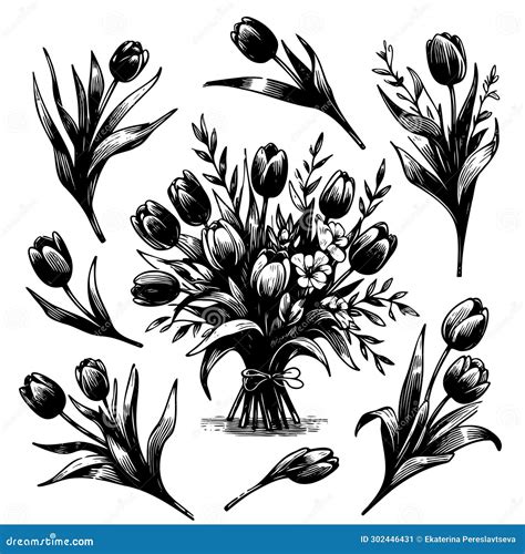 Set Tulip Birth Month Flowers In March Botanical Art Vector Illustration Stock Vector