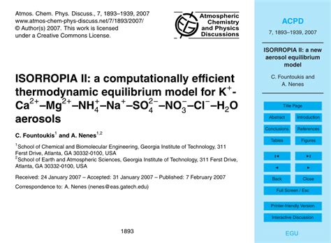 PDF ISORROPIA II A Computationally Efficient Thermodynamic