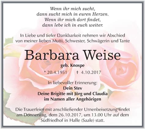 Traueranzeigen Von Barbara Weise Abschied Nehmen De