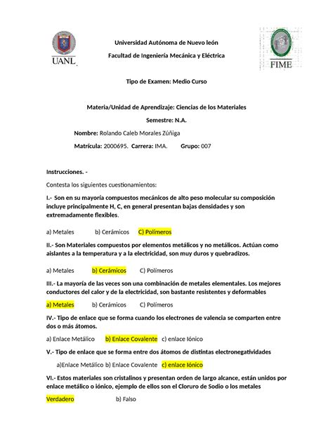 Examen Medio Curso Ciencia De Los Materiales 1 1 1 Converted 2