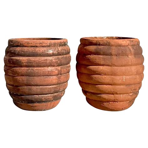 Vintage Boho Ribbed Terracotta Planters Pair At 1stDibs