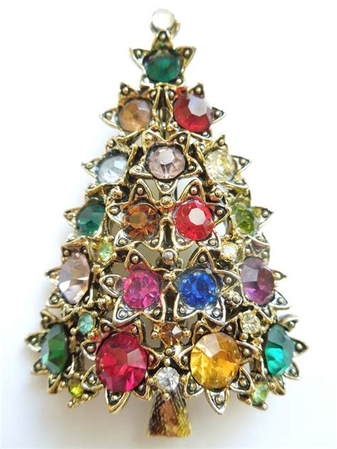 Vintage Signed Hollycraft Multi Color Rhinestone Christmas Tree Brooch