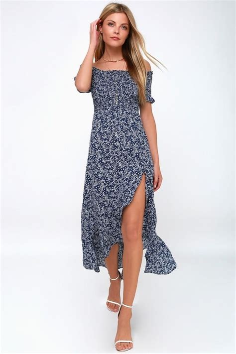 Fleur Tation Navy Blue Floral Print Off The Shoulder Midi Dress