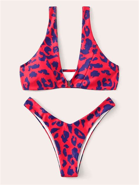 Red Leopard V Neck Cami Top Swimsuit With High Leg Bikini Bottom High