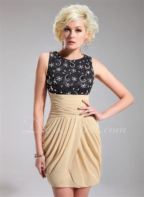 Sheath Column Scoop Neck Short Mini Chiffon Lace Cocktail Dress With