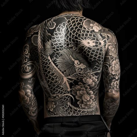 Traditional Japanese Yakuza tattoo with flowers and dragon, Generative ...