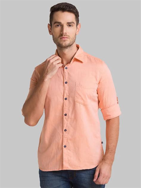 Men Orange Slim Fit Solid Cotton Full Sleeve Shirts Myraymond