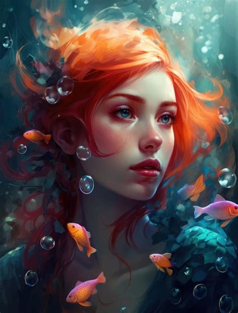 Premium Photo A Woman With Red Hair And Fish In The Water