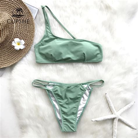 CUPSHE Green One Shoulder Thong Bikini Sets Women Sexy Strappy Solid